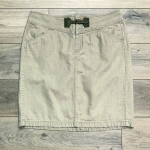 Lauren Ralph Lauren Khaki Denim Skirt Tan Leather Buckle Accent Size 14 READ